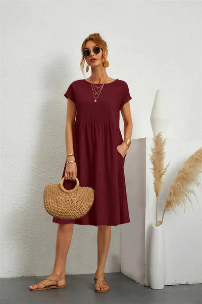 Women's A-Line Dress - Knee Length - Short Sleeve - Relaxed Fit - Round Neck