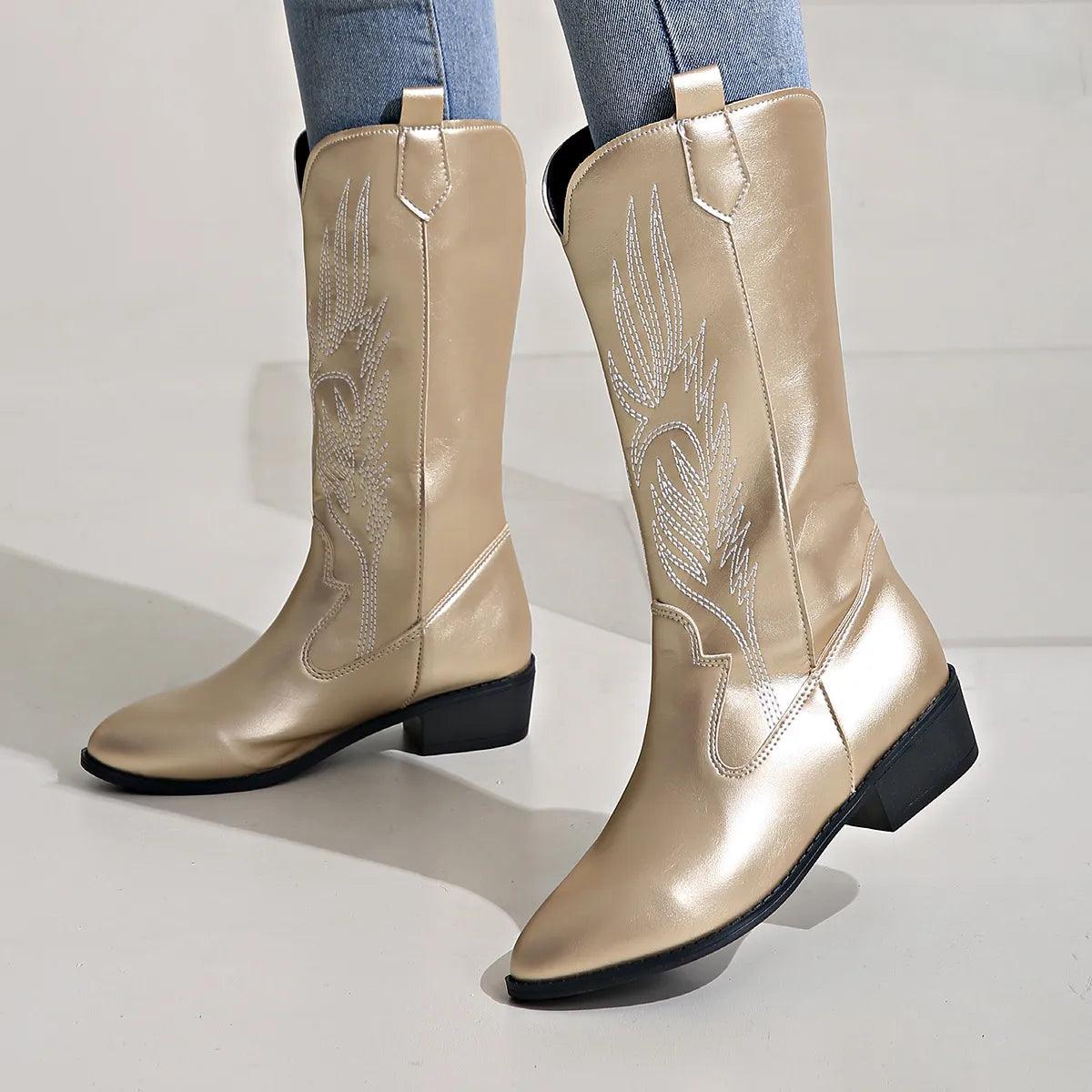 Women's PU Leather Cowboy Boots with Comfortable Lining