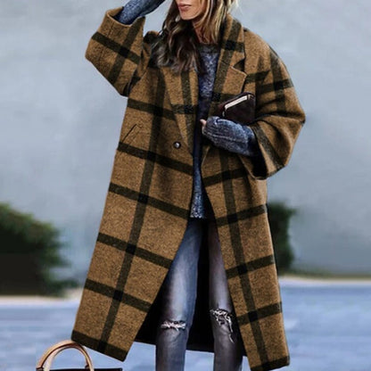 Women’s Long Coat – Wool Blend – Oversized Fit – Single Button – Color block Style