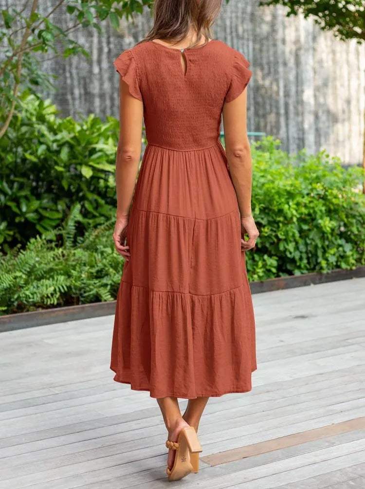 Women's Midi Dress - A-Line Silhouette - Smocked Bodice - Flutter Sleeves - Tiered Skirt