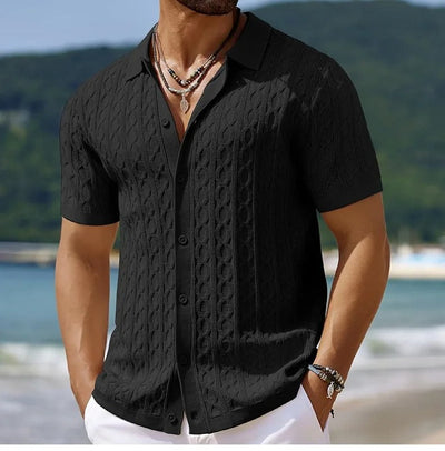 Men’s Polo Shirt – Slim Fit – Soft Knit Jacquard – Short Sleeve – Button Front