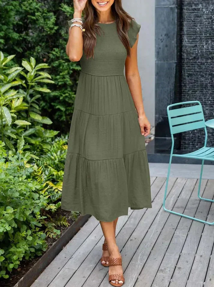 Pleated A-Line Midi Dress with Flying Sleeves for Women