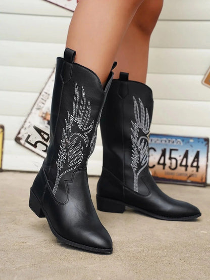 Women's PU Leather Cowboy Boots with Comfortable Lining