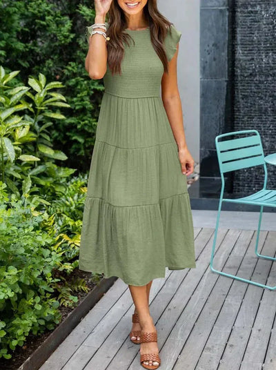 Pleated A-Line Midi Dress with Flying Sleeves for Women