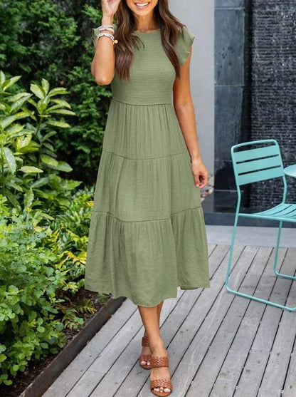 Women's Midi Dress - A-Line Silhouette - Smocked Bodice - Flutter Sleeves - Tiered Skirt