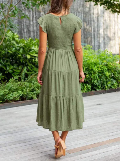 Women's Midi Dress - A-Line Silhouette - Smocked Bodice - Flutter Sleeves - Tiered Skirt