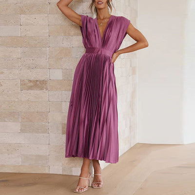 Women’s Midi Dress – A-Line Fit – V-Neck Sleeveless – Pleated Luxury Fabric – Open Back