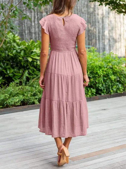 Women's Midi Dress - A-Line Silhouette - Smocked Bodice - Flutter Sleeves - Tiered Skirt