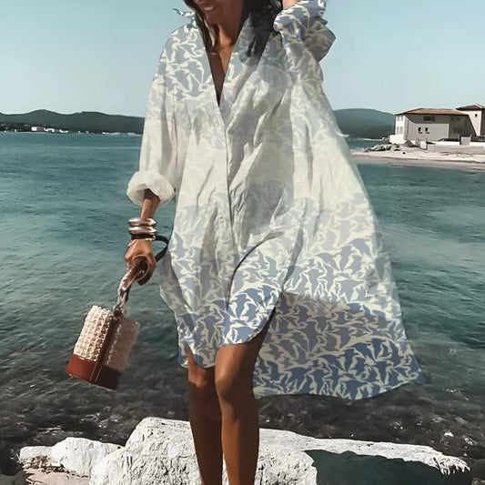 Women’s A-line Dress – Relaxed Fit – Collared Neckline – Button Front – Midi Length