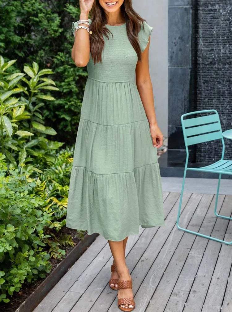 Women's Midi Dress - A-Line Silhouette - Smocked Bodice - Flutter Sleeves - Tiered Skirt