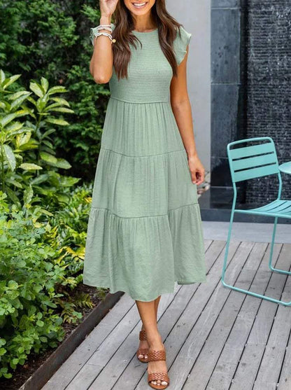 Women's Midi Dress - A-Line Silhouette - Smocked Bodice - Flutter Sleeves - Tiered Skirt