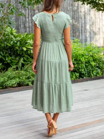 Women's Midi Dress - A-Line Silhouette - Smocked Bodice - Flutter Sleeves - Tiered Skirt