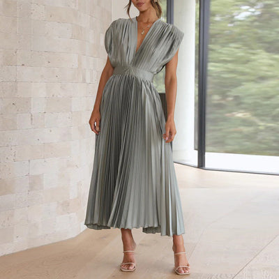 Women’s Midi Dress – A-Line Fit – V-Neck Sleeveless – Pleated Luxury Fabric – Open Back