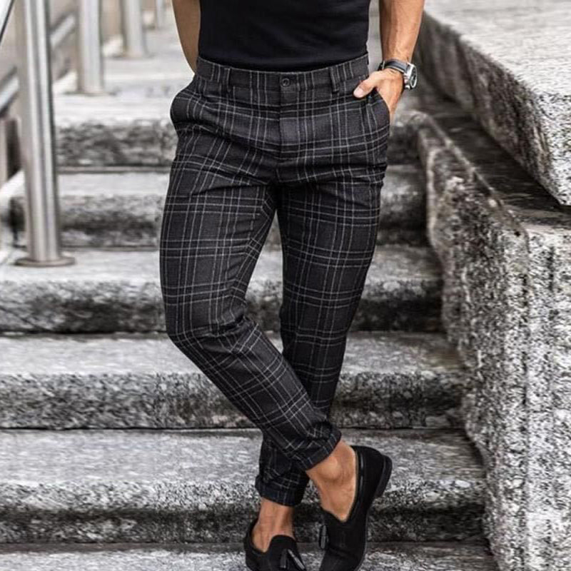 Men's Slim-Fit Trousers - Plaid Pattern - Tapered Leg - Smart Casual Wear