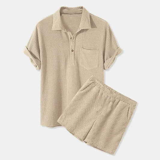 Men’s Corduroy Shirt & Shorts Set - Short Sleeve - Button-Up - Elastic Waist - Casual Wear