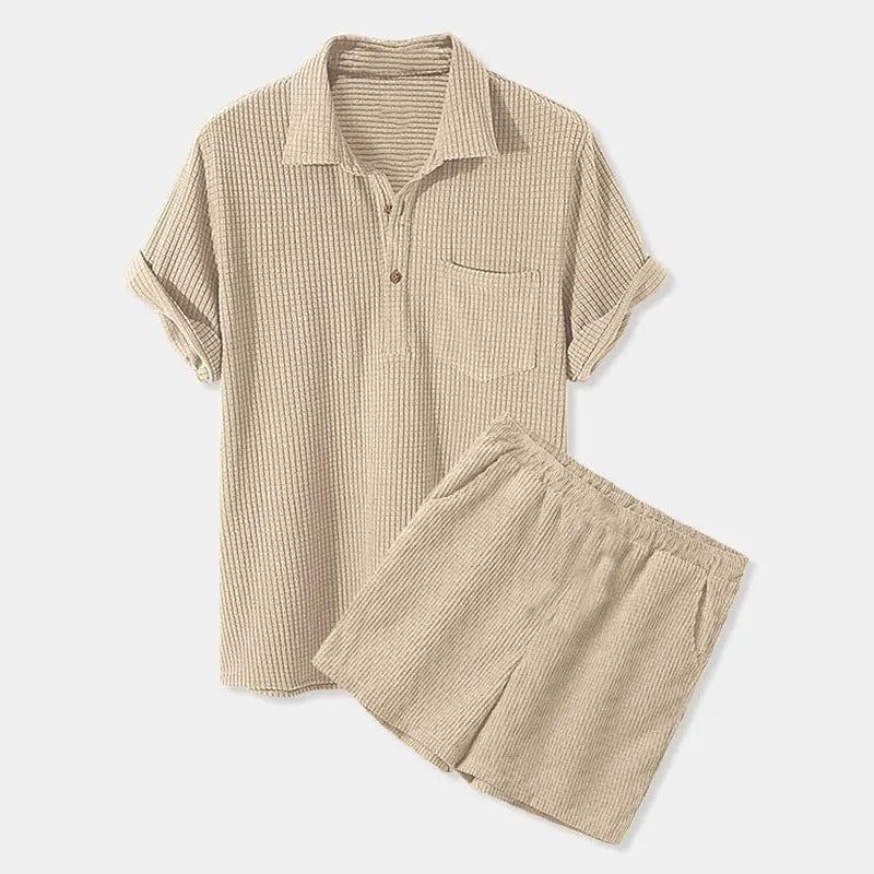 Men’s Corduroy Shirt & Shorts Set - Short Sleeve - Button-Up - Elastic Waist - Casual Wear