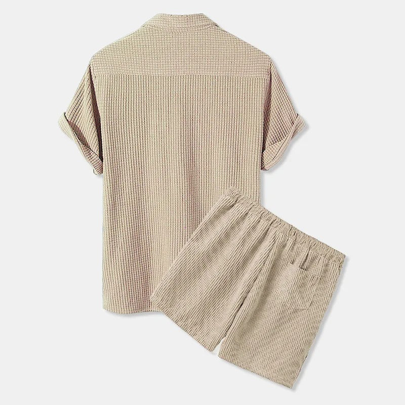 Men’s Corduroy Shirt & Shorts Set - Short Sleeve - Button-Up - Elastic Waist - Casual Wear