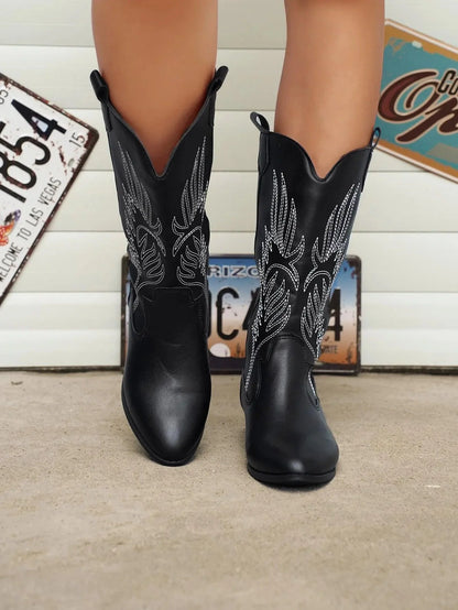 Women's PU Leather Cowboy Boots with Comfortable Lining