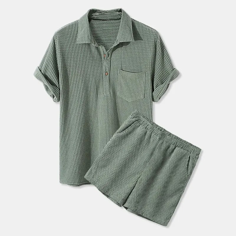 Men’s Corduroy Shirt & Shorts Set - Short Sleeve - Button-Up - Elastic Waist - Casual Wear
