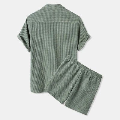 Men’s Corduroy Shirt & Shorts Set - Short Sleeve - Button-Up - Elastic Waist - Casual Wear