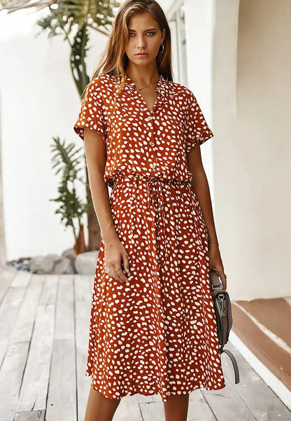 Women’s Midi Dress – Relaxed Fit – Button Front – Short Sleeve – Breathable Blend