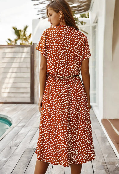 Women's Midi Dress - Button-Down Front - Short Sleeve - Waist Tie - Relaxed Fit