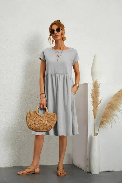 Women's A-Line Dress - Knee Length - Short Sleeve - Relaxed Fit - Round Neck