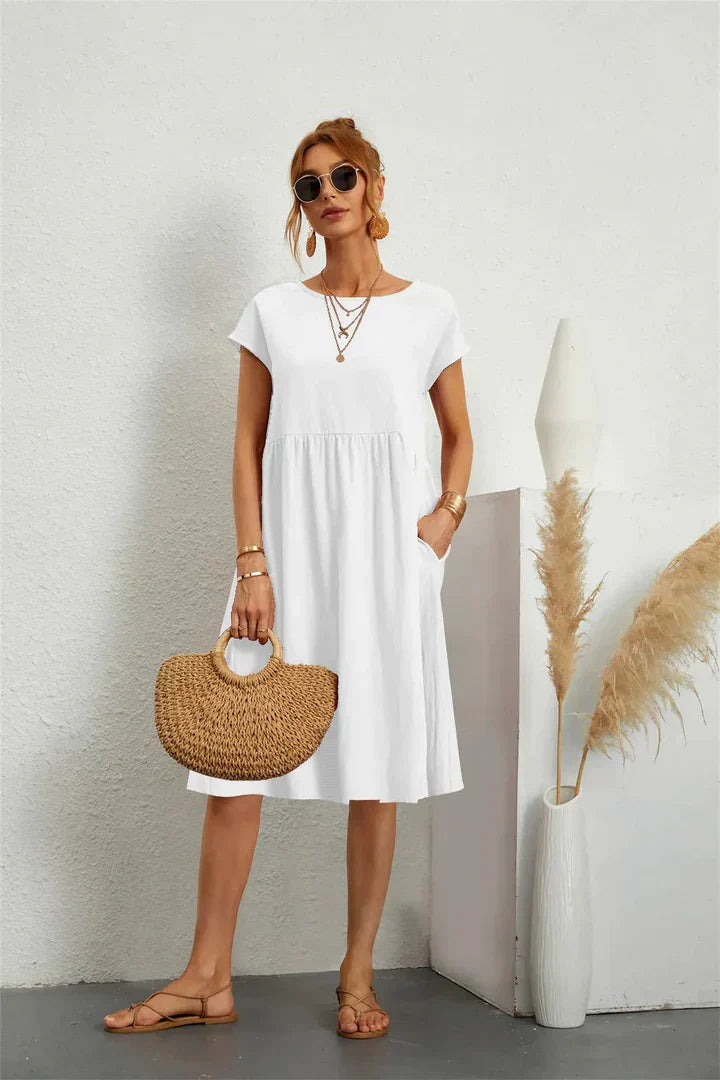 Women's A-Line Dress - Knee Length - Short Sleeve - Relaxed Fit - Round Neck