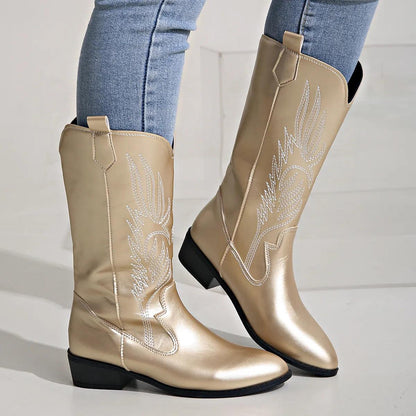 Women's PU Leather Cowboy Boots with Comfortable Lining