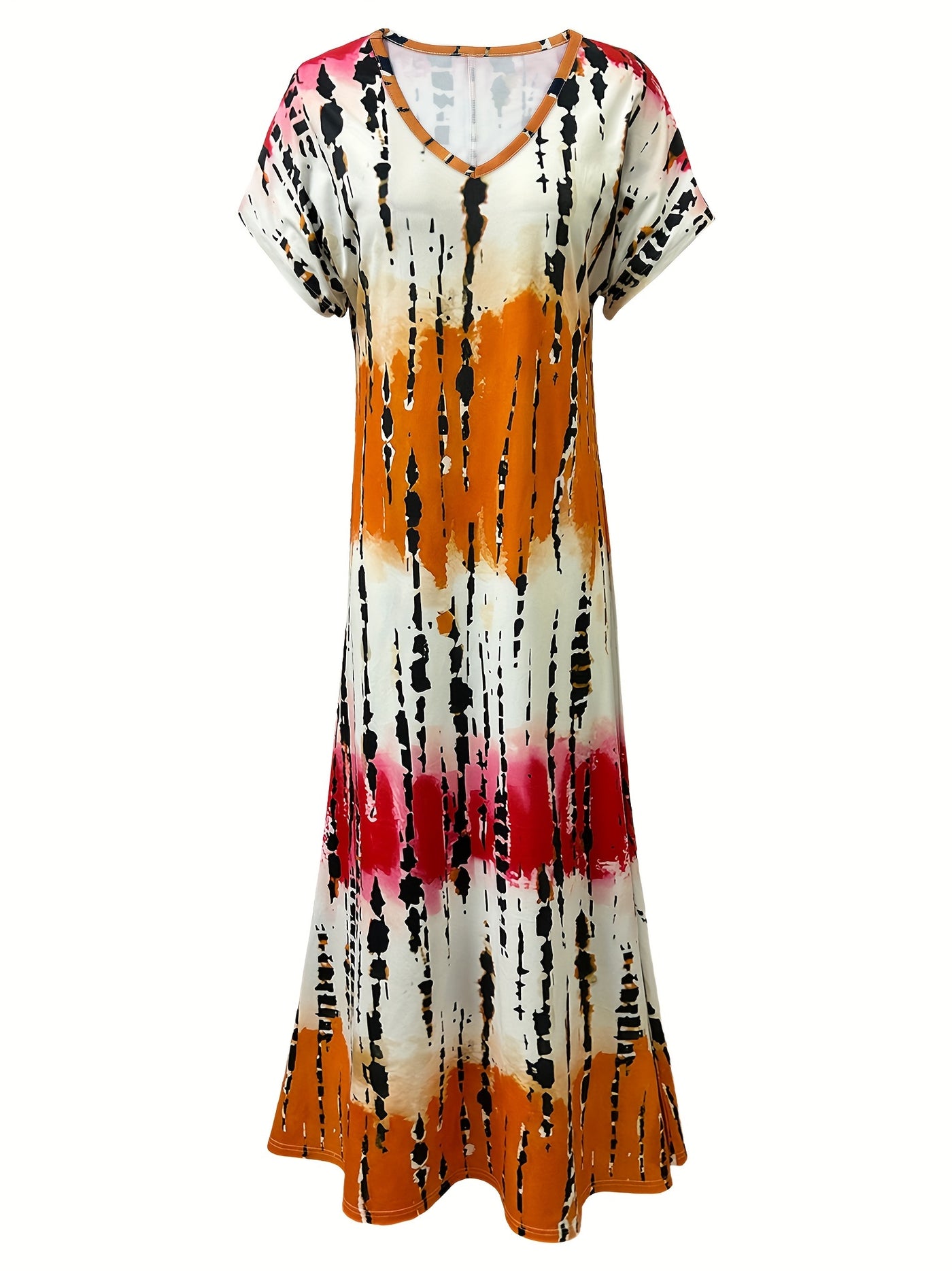 Women’s Maxi Dress – V-Neck – Abstract Print – Short Sleeve – Relaxed Fit – Side Slits
