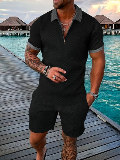Geometric zip-up short set for men