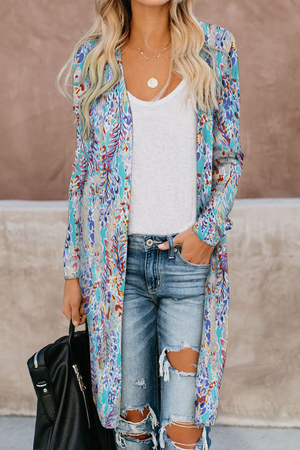 Women's printed open front long cardigan