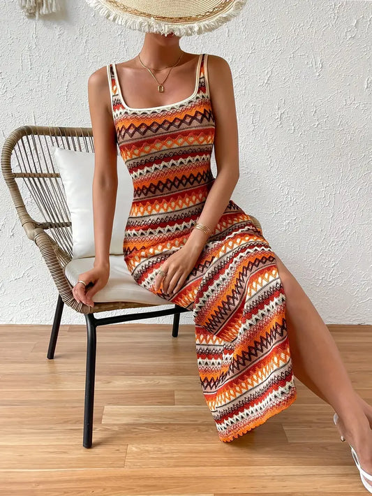 Women's Sleeveless Knit Dress - Fitted Stretch - Scoop Neck - Side Slit Maxi Length