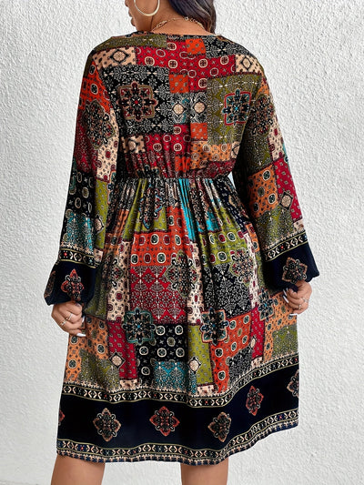 Women's Bohemian Midi Dress - V-Neck Paisley Patchwork - Long Sleeve Flowy Fit