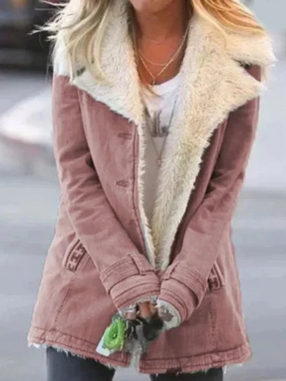 Women’s Coat – Tailored Fit – Faux Shearling Lined – Mid Length – Oversized Lapel
