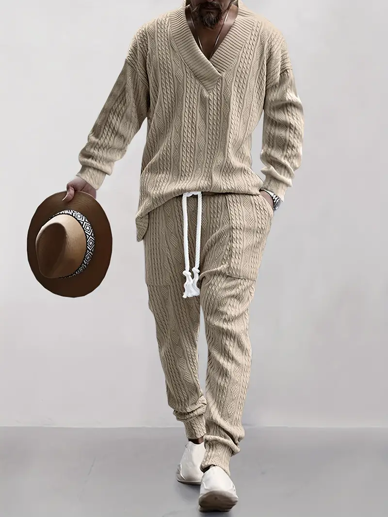 2-piece men's knitted tracksuit with drawstring pants