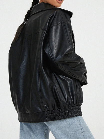Women’s Bomber Jacket – Oversized Fit – Faux Leather – Zip Front – Ribbed Trim