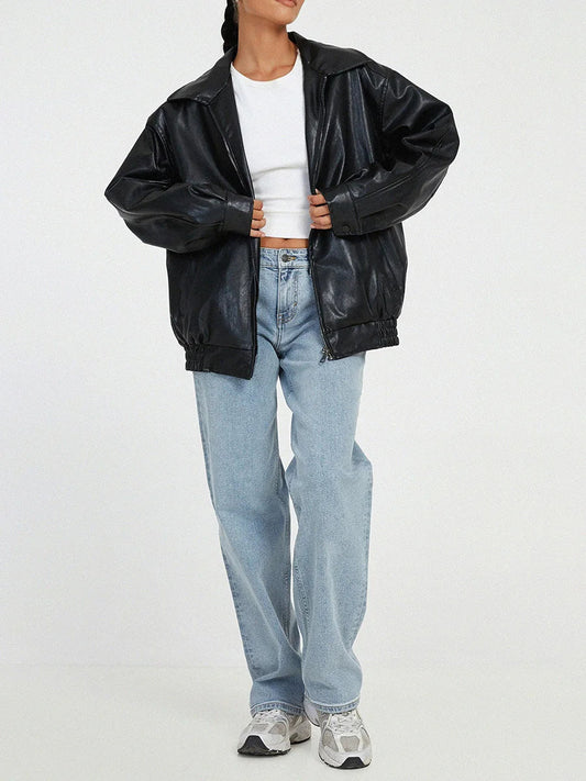 Women’s Bomber Jacket – Oversized Fit – Faux Leather – Zip Front – Ribbed Trim