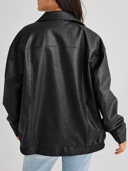 Women’s Bomber Jacket – Oversized Fit – Faux Leather – Zip Front – Ribbed Trim
