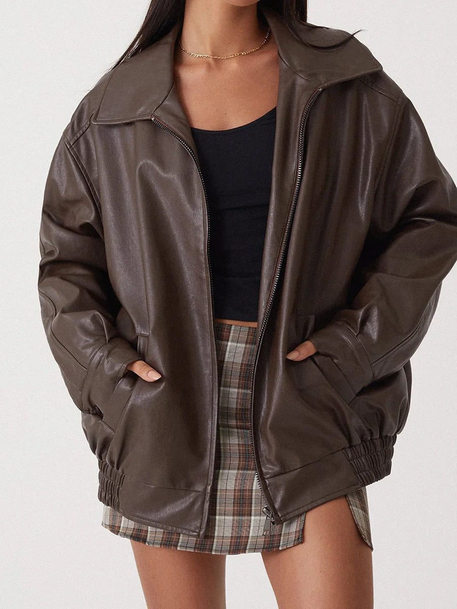 Women’s Bomber Jacket – Oversized Fit – Faux Leather – Zip Front – Ribbed Trim