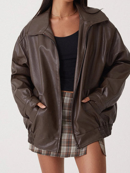 Women’s Bomber Jacket – Oversized Fit – Faux Leather – Zip Front – Ribbed Trim