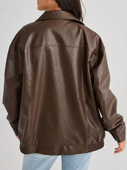 Women’s Bomber Jacket – Oversized Fit – Faux Leather – Zip Front – Ribbed Trim