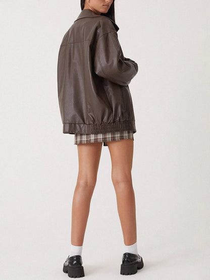 Women’s Bomber Jacket – Oversized Fit – Faux Leather – Zip Front – Ribbed Trim