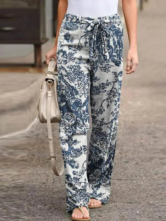 Women's Wide-Leg Trousers - Lightweight Breathable Fabric - Elastic Drawstring Waist - Boho Floral Pattern