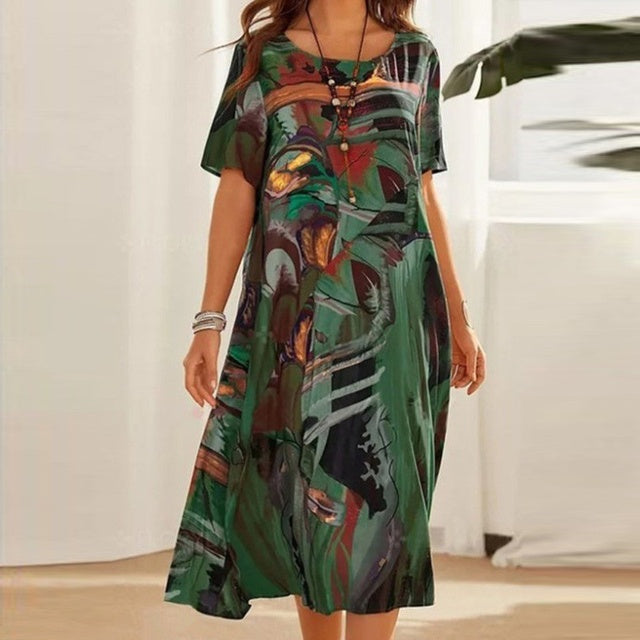 Women’s Midi Dress – Relaxed Fit – Abstract Print – Short Sleeve – Natural Fibers