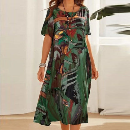 Women’s Midi Dress – Relaxed Fit – Abstract Print – Short Sleeve – Natural Fibers