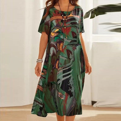Women’s Midi Dress – Relaxed Fit – Abstract Print – Short Sleeve – Natural Fibers