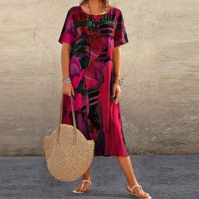 Women’s Midi Dress – Relaxed Fit – Abstract Print – Short Sleeve – Natural Fibers