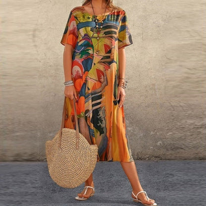 Women’s Midi Dress – Relaxed Fit – Abstract Print – Short Sleeve – Natural Fibers