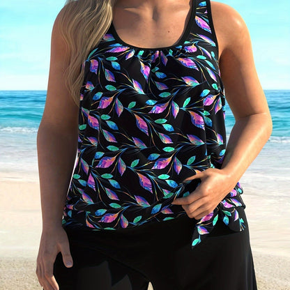 Women’s Tankini Set – Relaxed Fit – Scoop Neck – Leaf Print – Flowy Breathable Blend